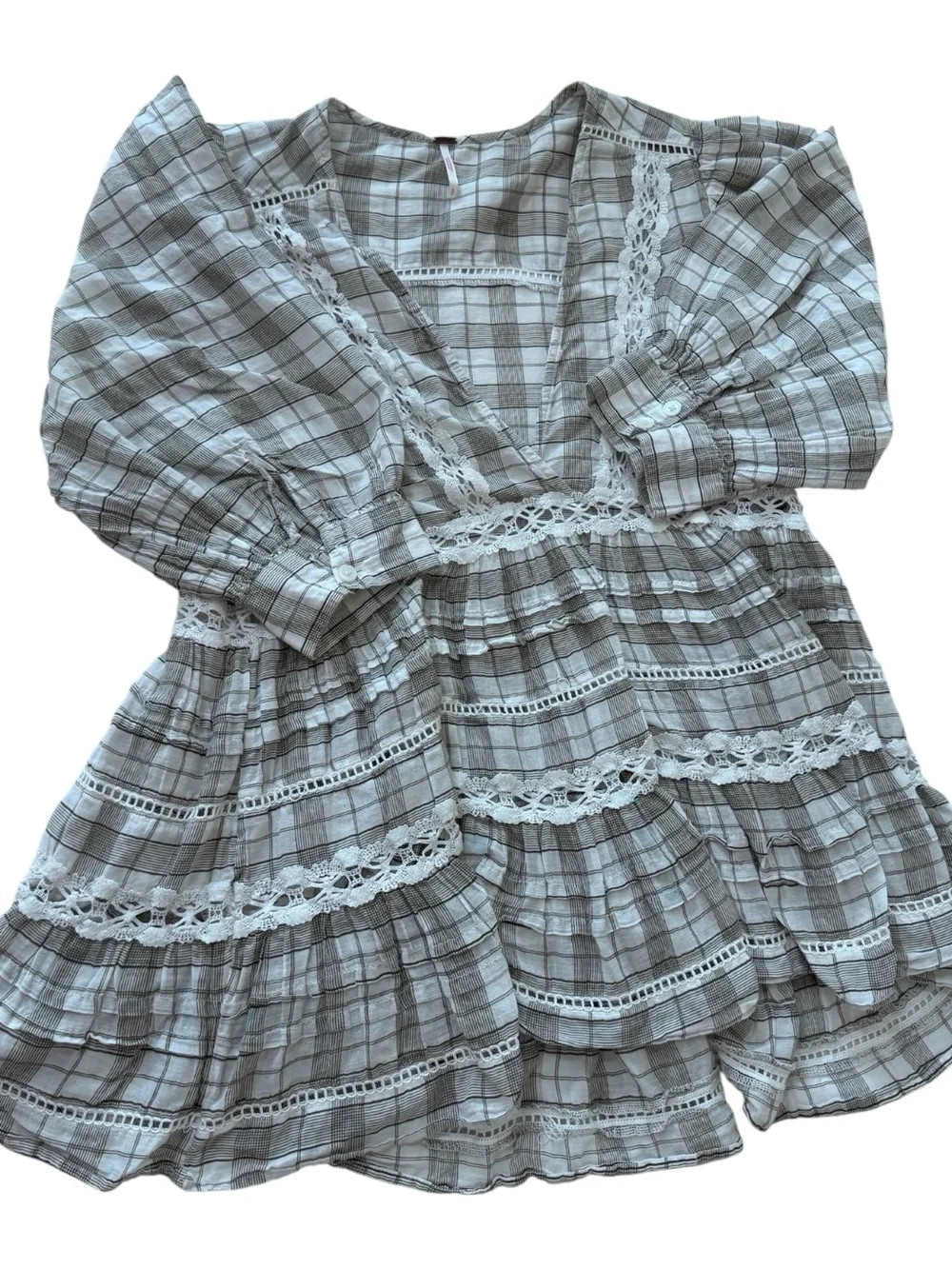 Free People Gray Plaid Lace-Trim V-Neck Tunic